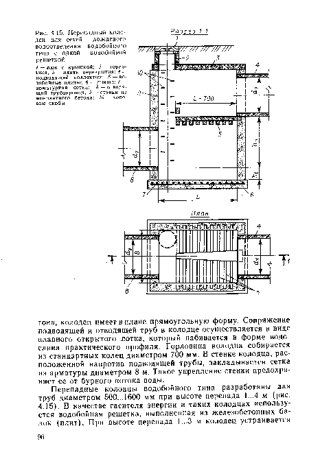 Перепадные колодцы водобойного типа разработаны для труб диаметром 500...1600 мм при высоте перепада 1...4 м (рис.