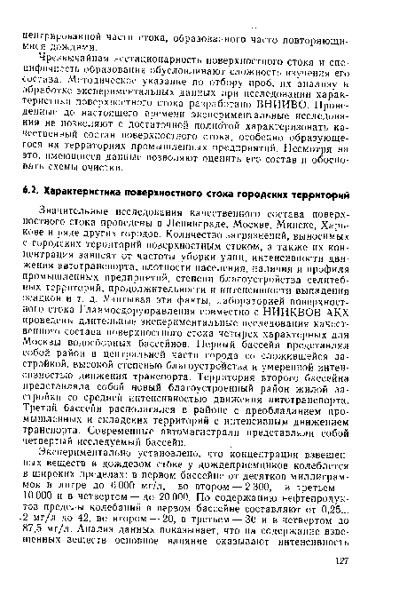 Значительные исследования качественного состава поверхностного стока проведены в Ленинграде, Москве, Минске, Харькове и ряде других городов. Количество загрязнений, выносимых с городских территорий поверхностным стоком, а также их концентрация зависят от частоты уборки улиц, интенсивности движения автотранспорта, плотности населения, наличия и профиля промышленных предприятий, степени благоустройства селитебных территорий, продолжительности и интенсивности выпадения осадков и т. д. Учитывая эти факты, лабораторией поверхностного стока Главмосдоруправления совместно с НИИКВОВ АКХ проведены длительные экспериментальные исследования качественного состава поверхностного стока четырех характерных для Москвы водосборных бассейнов. Первый бассейн представлял собой район в центральной части города со сложившейся застройкой, высокой степенью благоустройства и умеренной интенсивностью движения транспорта. Территория второго бассейна представляла собой новый благоустроенный район жилой застройки со средней интенсивностью движения автотранспорта. Третий бассейн располагался в районе с преобладанием промышленных и складских территорий с интенсивным движением транспорта. Современные автомагистрали представляли собой четвертый исследуемый бассейн.