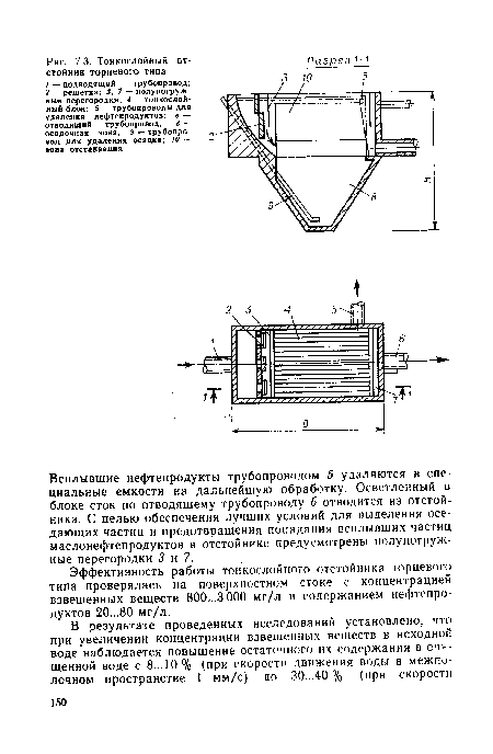 Всплывшие нефтепродукты трубопроводом 5 удаляются в специальные емкости на дальнейшую обработку. Осветленный в блоке сток по отводящему трубопроводу 6 отводится из отстойника. С целью обеспечения лучших условий для выделения оседающих частиц и предотвращения попадания всплывших частиц маслонефтепродуктов в отстойнике предусмотрены полупогруж-ные перегородки 3 и 7.