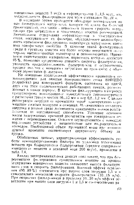 На основании исследований эффективности применения пенополиуретана для очистки поверхностного стока ВНИИВО разработал ряд конструкций фильтров, состоящих из одной, двух или трех последовательно работающих секций, расположенных в одном корпусе. В качестве фильтрующего материала предусмотрено использование измельченного пенополиуретана с размерами гранул частиц 10...15 мм и пор 0,8...1,2 мм. С целью регенерации загрузки ее промывают водой одновременно перемешивая сжатым воздухом и отжимая. Механическим отжатием загрузки в водной среде достигается практически полное восстановление ее поглощающей способности. Удаление основной массы задержанных примесей достигается при трехкратном от-жатии с перемешиванием. Отжатие осуществляется с помощью поршневого устройства с механическим или гидравлическим приводом. Необходимый объем промывной воды при водовоздушной промывке соответствует двукратному объему загрузки.