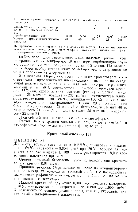 Принцип анализа. Определение основано на концентрировании альдегида; из воздуха на твердый сорбент с последующим газохроматографическим анализом на приборе с пламенноионизационным детектором.