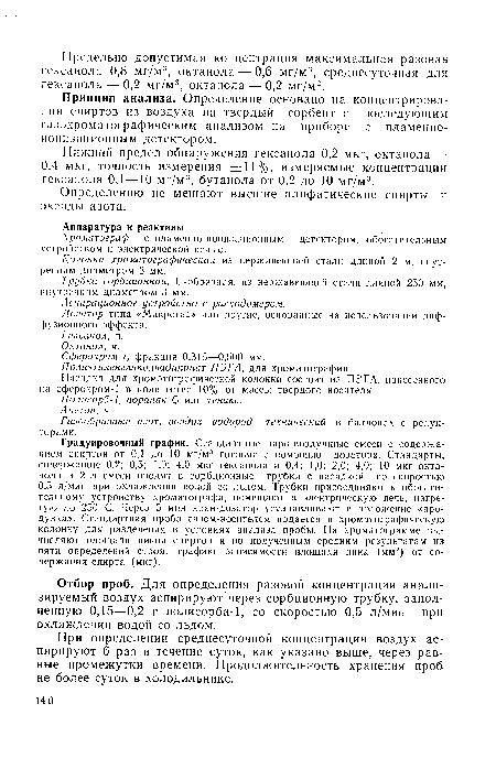 Принцип анализа. Определение основано на концентрировании спиртов из воздуха на твердый сорбент с последующим газохроматографическим анализом на приборе с пламенно-ионизационным детектором.