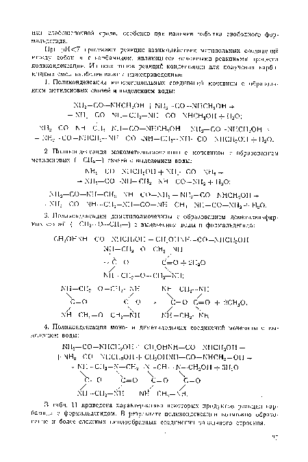 При рН<7 протекают реакции взаимодействия метилольных соединений между собой и с карбамидом, являющиеся основными реакциями процесса поликонденсации. Из всех типов реакций конденсации для получения карба-мидных смол наиболее важны нижеприведенные.