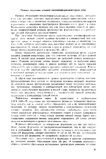 Процесс образования мочевиноформальдегидных смол сложен, поскольку в системе протекает несколько параллельных реакций присоединения, конденсации н гидролиза по различным механизмам, с разными константами скорости и равновесия и непрерывно преобразуются функциональные группы и связи. Возможность проведения процесса тем или иным способом зависит от протекания предварительной реакции присоединения формальдегида к карбамиду, при которой образуются метилолмочевины.