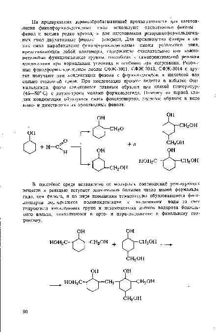 В щелоч ной среде независимо от молярных соотношений реагирующих веществ в реакцию вступает значительно большее число молей формальдегида, чем фенола, и по мере повышения температуры образовавшиеся фено-лоспирты подвергаются поликонденсации с выделением воды за счет гидроксила метилольных групп и незамещенных атомов водорода бензольного кольца, находящегося в орто- и пара-положении к фенольному гидроксилу.