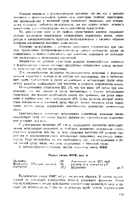 Основные затруднения, с которыми приходится сталкиваться при синтезе пропиточных мочевиноформальдегидных смол,— длительное время их отверждения и низкая стабильность при хранении, зависящая от соотношения метиленовых и метилольных соединений.