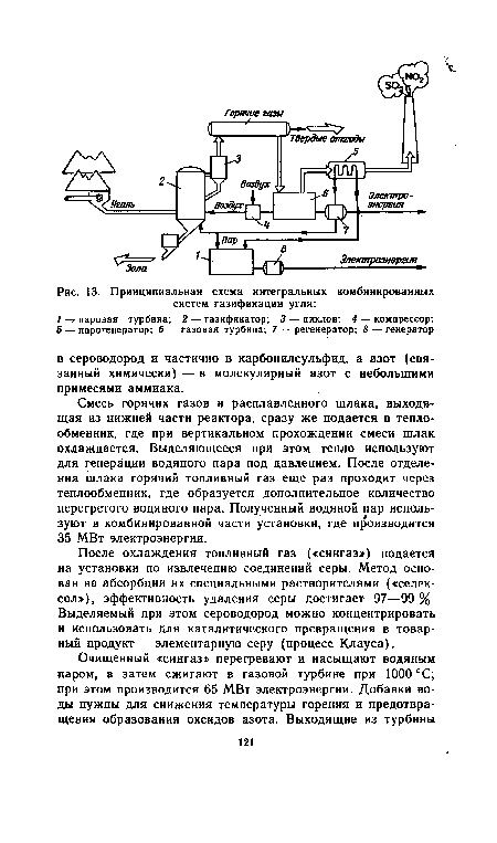 Смесь горячих газов и расплавленного шлака, выходящая из нижней части реактора, сразу же подается в теплообменник, где при вертикальном прохождении смеси шлак охлаждается. Выделяющееся при этом тепло используют для генерации водяного пара под давлением. После отделения шлака горячий топливный газ еще раз проходит через теплообменник, где образуется дополнительное количество перегретого водяного пара. Полученный водяной пар используют в комбинированной части установки, где производится 35 МВт электроэнергии.