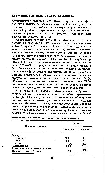 Содержание вредных веществ в выхлопных газах возрастает по мере увеличения интенсивности движения автомобилей, при работе двигателей на холостом ходу и нагрузочных режимах, при остановке и т. д. Большое значение имеет и степень отрегулированности двигателя. О вреде, наносимом окружающей среде автотранспортом, свидетельствуют следующие данные: 1000 автомобилей с карбюраторным двигателем в день выбрасывают около 3 т оксида углерода, 200—400 кг продуктов неполного сгорания бензина, 50—150 кг оксидов азота. Выброс этих веществ составляет примерно 85 % от общего количества. От оставшихся 15 % аммиак, сероводород, фенол, хлор, смолистые вещества, сероуглерод, фториды, серная кислота составляют 50 %. Наиболее жесткие нормы к выбросам применяются в США, где степень насыщенности автотранспортом велика и загрязнения в городах достигли высокого уровня (табл. 29).