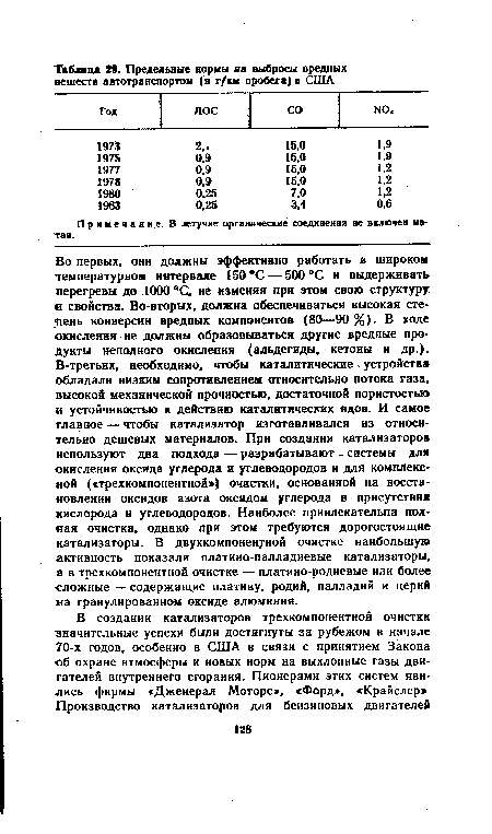 Во-первых, они должны эффективно работать в широком температурном интервале 150 С — 500 °С и выдерживать перегревы до 1000 °С. не изменяя при этом свою структуру и свойства. Во-вторых, должна обеспечиваться высокая степень конверсии вредных компонентов (80—90%). В ходе окисления не должны образовываться другие вредные продукты неполного окисления (альдегиды, кетоны и др.). В-третьих, необходимо, чтобы каталитические - устройств» обладали низким сопротивлением относительно потока газа, высокой механической прочностью, достаточной пористостью и устойчивостью к действию каталитических ядов. И самое главное — чтобы катализатор изготавливался из относительно дешевых материалов. При создании катализаторов используют два подхода—разрабатывают - системы для окисления оксида углерода и углеводородов и для комплексной («трехкомпонентной» очистки, основанной на восстановлении оксидов азота оксидом углерода в присутствия кислорода и углеводородов. Наиболее привлекательна полная очистка, однако при этом требуются дорогостоящие катализаторы. В двухкомпонентной очистке наибольшую активность показали платино-палладиевые катализаторы, а в трехкомпонентной очистке — платино-родиевые или более сложные — содержащие платину, родий, палладий и церий на гранулированном оксиде алюминия.