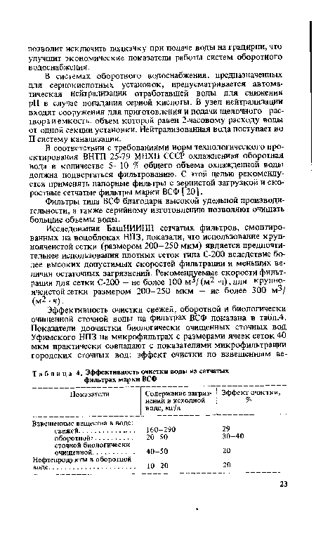 В соответствии с требованиями норм технологического проектирования ВНТП 25-79 МНХП СССР охлажденная оборотная вода в количестве 5—10 % общего объема охлажденной воды должна подвергаться фильтрованию. С этой целью рекомендуется применять напорные фильтры с зернистой загрузкой и скоростные сетчатые фильтры марки ВСФ [ 20].