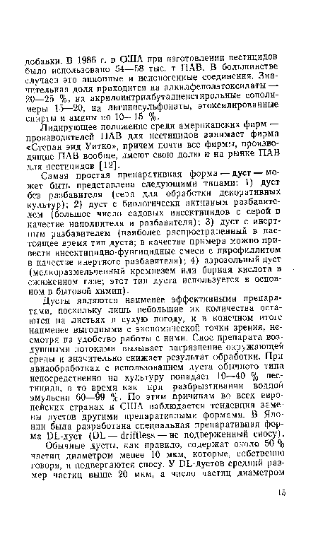 Дусты являются наименее эффективными препаратами, поскольку лишь небольшие их количества остаются на листьях в сухую погоду, и в конечном итоге наименее выгодными с экономической точки зрения, несмотря на удобство работы с ними. Снос препарата воздушными потоками вызывает загрязнение окружающей среды и значительно снижает результат обработки. При авиаобработках с использованием дуста обычного типа непосредственно на культуру попадает 10—40 % пестицида, в то время как при разбрызгивании водной эмульсии 60—99 %. По этим причинам во всех европейских странах и США наблюдается тенденция замены дустов другими препаративными формами. В Японии была разработана специальная препаративная форма ОЬ-дуст фЬ — ёпШезэ — не подверженный сносу).