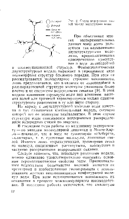 Схема водородных связей между молекулами воды.