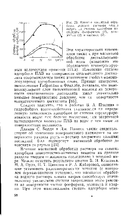 Влияние магнитной обработки водного раствора олеата натрия на степень адсорбции последнего фосфоритом (1), доломитом (2) и кварцем (5).