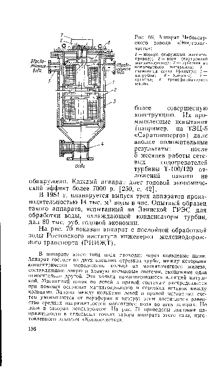 В 1981 г. планируется выпуск трех аппаратов производительностью 14 тыс. м3 воды в час. Опытный образец такого аппарата, испытанный на Заинской ГРЭС для обработки воды, охлаждающей конденсаторы турбин, дал 80 тыс. руб. годовой экономии.