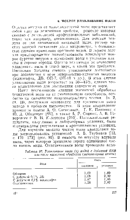 Наши исследования влияния магнитной обработки технической воды на ее смачивающую способность, особенно на смачивание кварцсодержащих частиц (п. 2, гл. II), послужили основанием для применения этого метода в процессе пылеочнстки. В этом направлении проведены опыты А. О. Сатиновым, Г. Е. Пановым и Ю. Д. Обуховым [95], а также А. Р. Соцким, А. В. Говоровым и В. И. Классеиом [210]. Положительные результаты, полученные в лабораторных условиях, были подтверждены результатами в промышленных условиях.