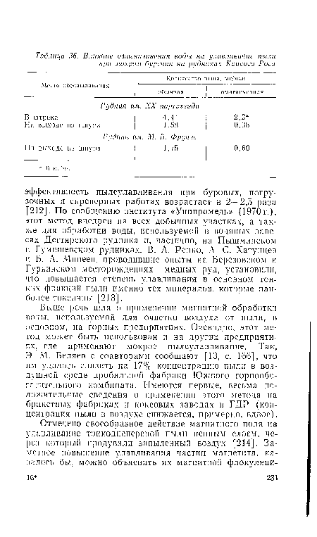 Э. М. Беляев с соавторами сообщают [13, с. 166], что им удалось снизить на 17% концентрацию пыли в воздушной среде дробильной фабрики Южного горнообогатительного комбината. Имеются первые, весьма положительные сведения о применении этого метода на брикетных фабриках и коксовых заводах в ГДР (концентрация пыли в воздухе снижается, примерно, вдвое).