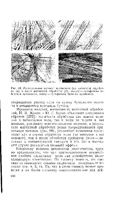 Механизм явлений, вызываемых магнитной обработкой, И. В. Жуков и Ю. Г. Бутко объясняют следующим образом [222]: магнитная обработка как взвеси волокон в технической воде, так и воды до подачи в нее волокон, усиливает взаимосцепление волокон; в результате магнитной обработки резко упорядочивается ориентация волокон (рис. 98); указанные изменения происходят как в случае обработки воды (до внесения в нее волокон), так и после обработки суспензии (вода — волокна) с концентрацией твердого 4 г/л. Но в последнем случае достигается больший эффект.