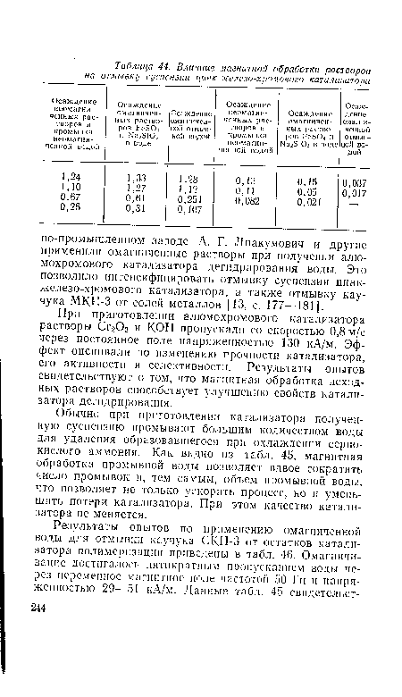 Обычно при приготовлении катализатора полученную суспензию промывают большим количеством воды для удаления образовавшегося при охлаждении сернокислого аммония. Как видно из табл. 45, магнитная обработка промывной воды позволяет вдвое сократить число промывок и, тем самым, объем промывной воды, что позволяет не только ускорить процесс, но и уменьшить потери катализатора. При этом качество катализатора не меняется.