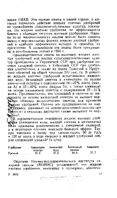 Производственные опыты по внесению жидких азотных удобрений под посевы сельскохозяйственных культур проводились в Украинской ССР при удобрении посевов сахарной свеклы, в Узбекской ССР при удобрении хлопчатника, а также на полях Тульской и Иркутской областей на общей площади 270 тыс. га. В качестве жидких азотных удобрений испытывались аммиачная вода, безводный аммиак и аммиакаты на основе аммиачной селитры с содержанием 34—37% азота (марка А) и 37—40% азота (марка Б), а также аммиакат на основе кальциевой селитры с содержанием 27—31% азота. Предполагалось, что последний в отличие от аммиаката на основе аммиачной селитры не вызовет кор-М§Ню обычных металлических цистерн для хранения жнДких удобрений. Однако это предположение не подтвердилось: аммиакат на основе кальциевой селитры при ¿нении в стальных цистернах также вызывает их кор- с«ию3.