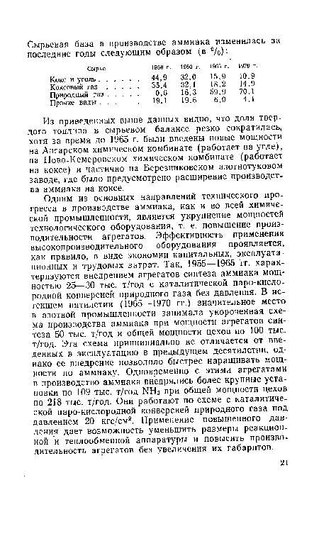 Одним из основных направлений технического прогресса в производстве аммиака, как и во всей химической промышленности, является укрупнение мощностей технологического оборудования, т. е. повышение производительности агрегатов. Эффективность применения высокопроизводительного оборудования проявляется, как правило, в виде экономии капитальных, эксплуатационных и трудовых затрат. Так, 1955—1965 гг. характеризуются внедрением агрегатов синтеза аммиака мощностью 25—30 тыс. т/год с каталитической паро-кисло-родной конверсией природного газа без давления. В истекшем пятилетии (1965—1970 гг.) значительное место в азотной промышленности занимала укороченная схема производства аммиака при мощности агрегатов синтеза 50 тыс. т/год и общей мощности цехов по 100 тыс. т/год. Эта схема принципиально не отличается от введенных в эксплуатацию в предыдущем десятилетии, однако ее внедрение позволило быстрее наращивать мощности по аммиаку. Одновременно с этими агрегатами в производство аммиака внедрялись более крупные установки по 109 тыс. т/год ЫН3 при общей мощности цехов по 218 тыс. т/год. Они работают по схеме с каталитической паро-кислородной конверсией природного газа под давлением 20 кгс/см2. Применение повышенного давления дает возможность уменьшить размеры реакционной и теплообменной аппаратуры и повысить производительность агрегатов без увеличения их габаритов.