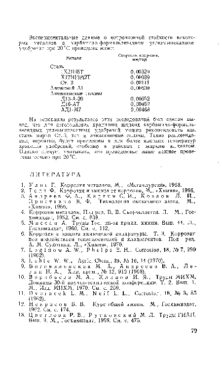 На основании результатов этих исследований был сделан вывод, что для изготовления хранилищ жидких карбамидо-формаль-дегидных углеаммяакатных удобрений можно рекомендовать как сталь марки Ст. 3, так и алюминиевые сплавы. Такие рекомендации, вероятно, будут приемлемы и для более высоких температур хранения удобрений, особенно в районах с жарким климатом. Однако следует учитывать, что приведенные выше данные проверены только при 20 °С.