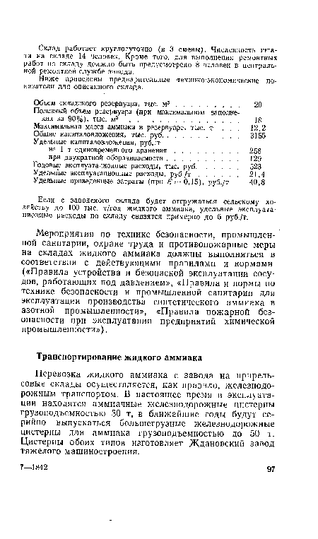 Если с заводского склада будет отгружаться сельскому хозяйству до 100 тыс. т/год жидкого аммиака, удельные эксплуатационные расходы по складу снизятся примерно до 6 руб./т.