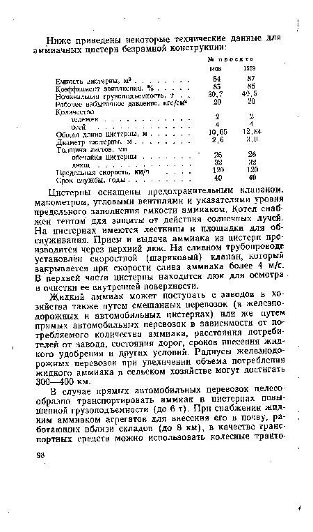 Цистерны оснащены предохранительным клапаном, манометром, угловыми вентилями и указателями уровня предельного заполнения емкости аммиаком. Котел снабжен тентом для защиты от действия солнечных лучей. На цистернах имеются лестницы и площадки для обслуживания. Прием и выдача аммиака из цистерн производится через верхний люк. На сливном трубопроводе установлен скоростной (шариковый) клапан, который закрывается при скорости слива аммиака более 4 м/с. В верхней части цистерны находится люк для осмотра и очистки ее внутренней поверхности.