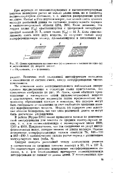 Схема кристаллита из смеси мыл (в) в сравнении с мылами из одно- (а) и двухосновных (б) жирных кислот.