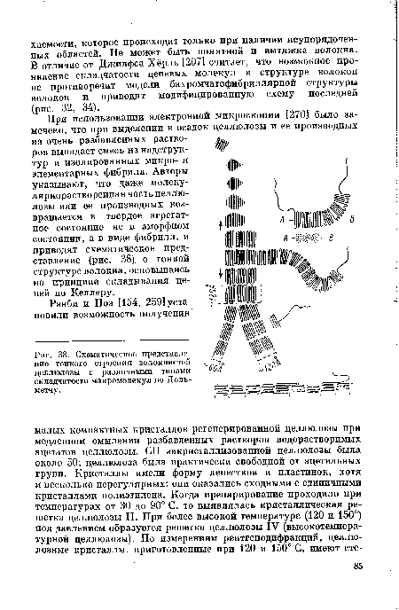 Схематическое представление тонкого строения волокнистой целлюлозы с различными типами складчатости макромолекул по Доль-метчу.