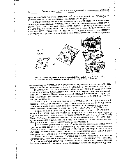 Схема строения алюмогидроксильных октаэдров (А) и слои их (Б), из которых состоит кристаллическая решетка минерала гиббсита.