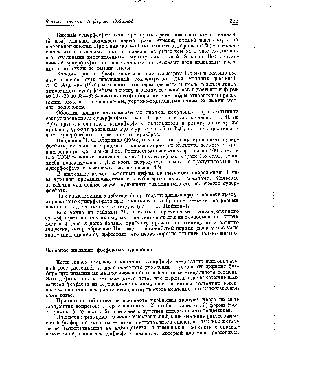 Кислый суперфосфат даже при кратковременном контакте с семенами (2 часа) снижает всхожесть озимой ржи, ячменя, яровой пшеницы, льна и столовой свеклы. При минимальной кислотности удобрения (1 %) его можно смешивать с семенами ржи и свеклы не ранее чем за 2 часа до посева, а с остальными перечисленными культурами — за 4—8 часов. Нейтрализованный суперфосфат неопасно смешивать с семенами всех названных растений и за сутки до высева смеси.