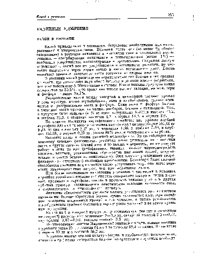 Калий принадлежит к элементам, безусловно необходимым животным, растениям и микроорганизмам. Большая часть его (не менее 4/5 общего содержания) в растении находится в клеточном соке и извлекается водой; меньшая — адсорбирована коллоидами и незначительная (менее 1%) — ееобменно удерживается митохондриями в протоплазме. Сохраняя легкую подвижность, калий все же удерживается в освещенном растении, но частично выделяется через корни ночью и вновь поглощается днем. Дождь вымывает заметное количество этого элемента из старых листьев.