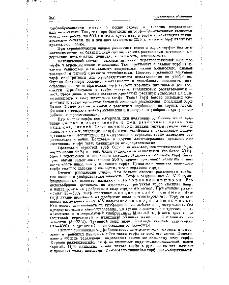 При агрономической оценке различных типов и видов торфов большое значение имеют их ботанический состав, степень разложения, зольность, содержание питательных веществ, кислотность, влагоемкость.