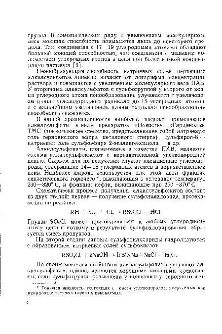 Алкилсульфонаты, применяемые в качестве ПАВ, являются солями алкилсульфокислот с неразветвленной углеводородной цепью. Сырьем для их получения служат насыщенные углеводороды, содержащие 14—18 углеродных атомов в неразветвленной цепи. Наиболее широко используется для этой цели фракция синтетического горючего , выкипающая в интервале температур 230—320° С, и фракции нефти, выкипающие при 250—370° С.