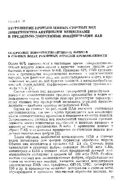 Около 60% выпускаемых в настоящее время поверхностно-активных веществ используется в качестве моющих средств для бытовых и промышленных целей. Примерно 40% ПАВ применяется в производстве искусственного волокна и синтетического каучука, при флотации руд, для деэмульгирования нефти, в промывочных жидкостях для бурения скважин, в металлообрабатывающей, строительной, парфюмерно-косметической промышленности и т. д. [ 1 ].