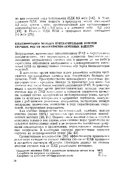 Затруднения, вызываемые синтетическими ПАВ в определенных концентрациях, при осуществлении процессов биологического окисления загрязненных сточных вод и влияние их на работу аэротенков обусловили необходимость предварительного извлечения ПАВ из промышленных сточных вод перед биохимической очисткой.