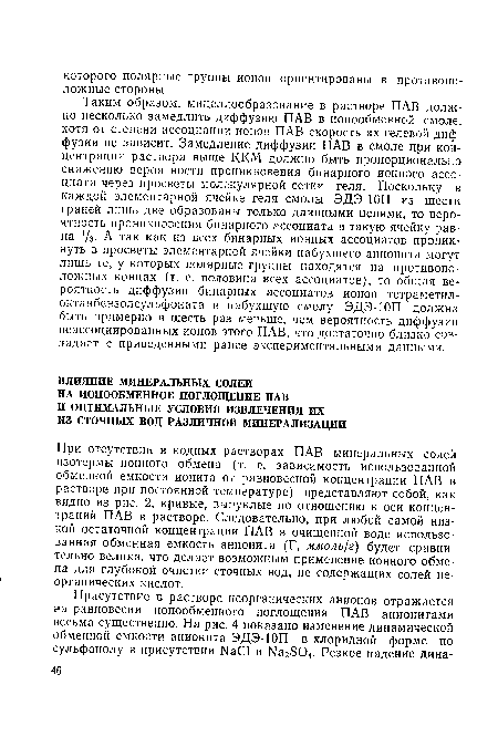 При отсутствии в водных растворах ПАВ минеральных солей изотермы ионного обмена (т. е. зависимость использованной обменной емкости ионита от равновесной концентрации ПАВ в растворе при постоянной температуре) представляют собой, как видно из рис. 2, кривые, выпуклые по отношению к оси концентраций ПАВ в растворе. Следовательно, при любой самой низкой остаточной концентрации ПАВ в очищенной воде использованная обменная емкость анионита (Г, ммоль/г) будет сравнительно велика, что делает возможным применение ионного обмена для глубокой очистки сточных вод, не содержащих солей неорганических кислот.