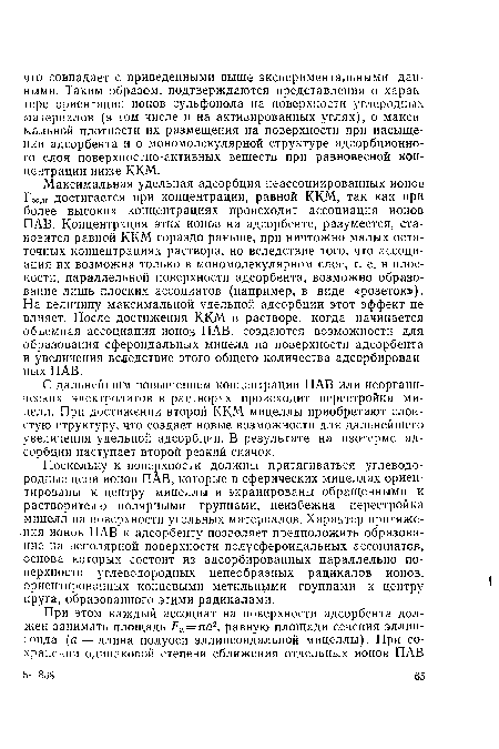 Поскольку к поверхности должны притягиваться углеводородные цепи ионов ПАВ, которые в сферических мицеллах ориентированы к центру мицеллы и экранированы обращенными к растворителю полярными группами, неизбежна перестройка мицелл на поверхности угольных материалов. Характер притяжения ионов ПАВ к адсорбенту позволяет предположить образование на неполярной поверхности полусфероидальных ассоциатов, основа которых состоит из адсорбированных параллельно поверхности углеводородных цепеобразных радикалов ионов, ориентированных концевыми метальными группами к центру круга, образованного этими радикалами.