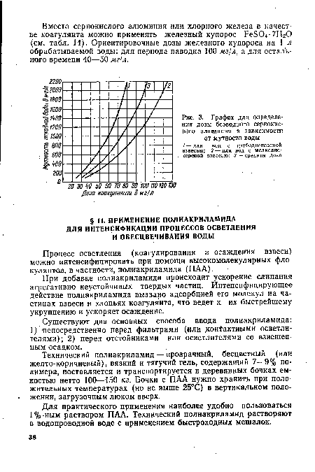 График для определения дозы безводного сернокис-дого алюминия в зависимости от мутности воды