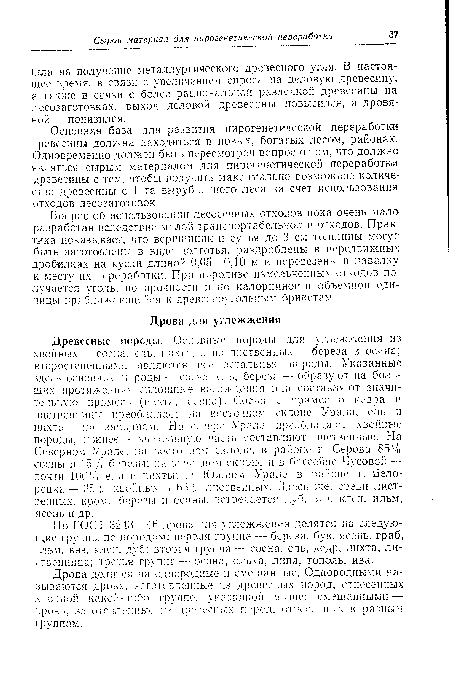 Древесные породы. Основные породы для углежжения из хвойных — сосна, ель, пихта, а из лиственных -- береза и осина; второстепенными являются все остальные породы. Указанные здесь основные породы — сосна, ель, береза —- образуют на больших протяжениях сплошные насаждения пли составляют значительную примесь (пихта, осина). Сосна с примесью кедра и лиственницы преобладает на. восточном склоне Урала, ель п пихта — па западном. На севере Урала преобладают хвойные породы, южнее значительную часть составляют лиственные. На Северном Урале, па восточном склоне, в районе г. Серова 85% сосны п 15% березы; на западном с к,тоне и в бассейне Чусовой — почти 100% ели и пихты; на Южном Урале в районе г. Бело-редка — 35 % хвойных д 65% лиственных. Здесь же, среди лиственных, кроме березы и осины, встречается дуб, вяз, клен, ильм, ясень и др.