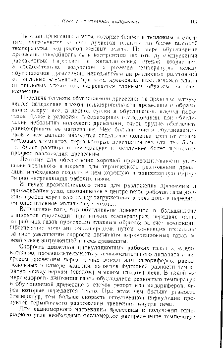 Вследствие того, что обугливание древесины в большинстве аппаратов происходит при низких температурах, передача тепла от рабочих газов происходит главным образом за счет конвекции. Обеспечение хорошей теплопередачи путем конвекции возможно за счет увеличения скорости движения циркуляционных газов во всей массе загруженной в печь древесины.