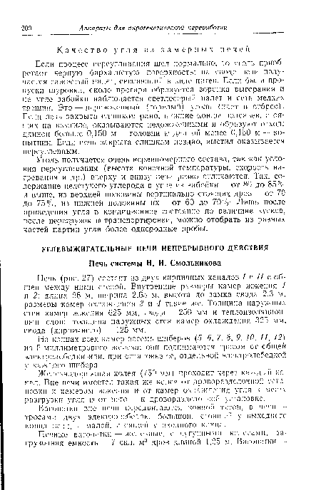 Железнодорожная колея (750 мм) проходит через каждый какал. Вне печи имеется такая же колея от дроворазделочной установки к камерам жжения и от камер охлаждения угля к месту разгрузки угля и от него— к дроворазделочной установке.