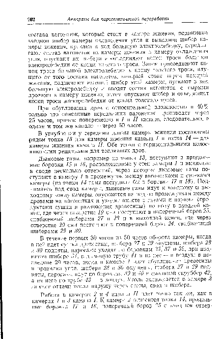 Дымовые газы, например из топки 13, поступают в продольные боровки 15 и 16, расположенные у стен камеры 1 и имеющие в своде несколько отверстий, через которые дымовые газы поступают в камеру 1 в промежуток между вагонетками и стенками камеры (из топки 14 газы поступили бы в боровки 17 и 18). Поднимаясь под свод камеры, дымовые газы идут к входному и выходному концу камеры, опускаются на под по промежуткам между дровами на вагонетках и уходят вместе с газами и парами (продуктами сушки и разложения древесины) по поду в входной конец, где через отверстие 19 они поступают в поперечный боров 23, снабженный шиберами 27 и 28 и в выходной конец, где через отверстие 20 они поступают в поперечный боров 24, снабженный шиберами 29 и 30.