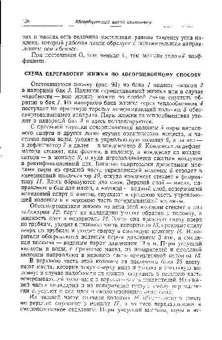 С приемной тарелки исчерпывающей колонны 5 пары метилового спирта и других легколетучих органических веществ, и частично пары воды, уходят в укрепляющую колонну 6, а из нее — в дефлегматор 7 и далее — в конденсатор 8. Конденсат из дефлегматора стекает, как флегма, в колонну, а конденсат из конденсатора — в монжус 9, откуда передавливается сжатым воздухом в ректификационный цех. Богатые спиртовыми древесными маслами пары из средней части укрепляющей колонны 6 отводят в змеевиковый конденсатор 10, откуда конденсат стекает в флорентину 11. Здесь образуются два слоя. Верхний слой — масла, направляют в бак для масел, а нижний — водный слой, содержащий метиловый спирт и ацетон, спускают в среднюю часть укрепляющей колонны и в верхнюю часть исчерпывающей колонны.