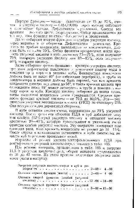 Первую фракцию — масла— (крепостью от 15 до 20%, считая на уксусную кислоту — СН3СООН) через мерник отбирают в стеклянные бутыли. Дефлегмация — усиленная. Сперва эта фракция — желтого цвета, непрозрачная. Отбор продолжается до тех пор, пока фракция не станет бесцветной и прозрачной.