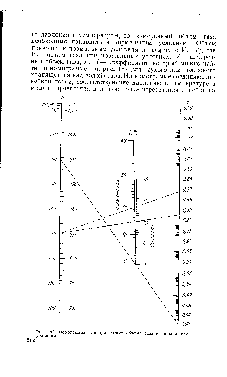 Номограмма для приведения объема газа к нормальным условиям