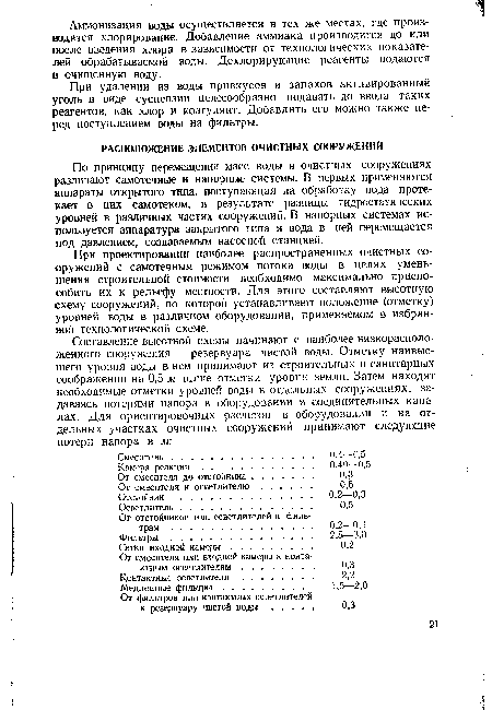 При проектировании наиболее распространенных очистных сооружений с самотечным режимом потока воды в целях уменьшения строительной стоимости необходимо максимально приспособить их к рельефу местности. Для этого составляют высотную схему сооружений, по которой устанавливают положение (отметку) уровней воды в различном оборудовании, применяемом в избранной технологической схеме.