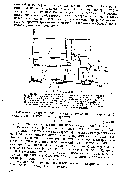 Во время работы фильтра скорость фильтрования через нижний слой загрузки увеличивается, а через верхний слой в связи с малой его грязеемкостью — уменьшается. К концу фильтроцикла скорость фильтрования через нижний слой достигает 80% от суммарной скорости. Для открытых (самотечных) фильтров АКХ расчетная скорость фильтрования принимается не более 12 м!час.