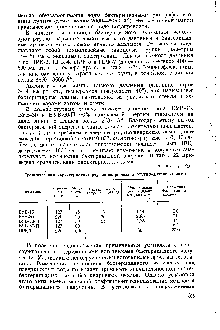 В качестве источников бактерицидного излучения используют ртутно-кварцевые лампы высокого давления и бактерицидные аргоно-ртутные лампы низкого давления. Эти лампы представляют собой прямолинейные кварцевые трубки диаметром 15—20 мм с оксидными электродами. Лампы высокого давления типа ПРК-2, ПРК-4, ПРК-5 и ПРК-7 (давление в пределах 400 — 800 мм рт. ст., температура оболочки 250—300°) мало эффективны, так как они дают ультрафиолетовые лучи, в основном, с длиной волны 3650—3660 А°.