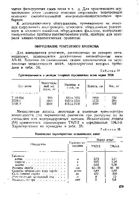 Для взвешивания реагентов, доставляемых на станцию автомашинами, используются десятитонные автомобильные весы АВ-10. Баллоны со сжиженными газами взвешиваются на передвижных металлических весах, характеристика которых приведена в табл. 34.